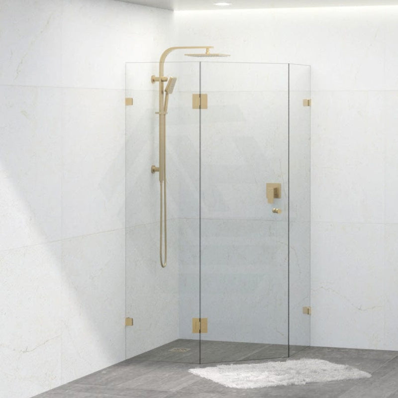 Tempered Glass Frameless Shower Screen Diamond Shape Pivot Door Brushed Gold