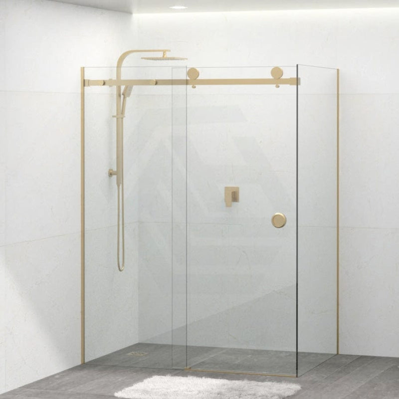 Tempered Glass Frameless L Shape Shower Screen Sliding Round Handle Brushed Gold