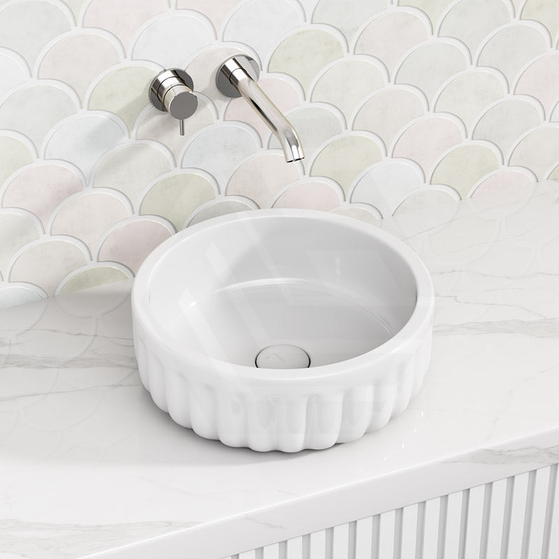 385x385x135mm Round Gloss White Fluted Above Counter Basin Ceramic