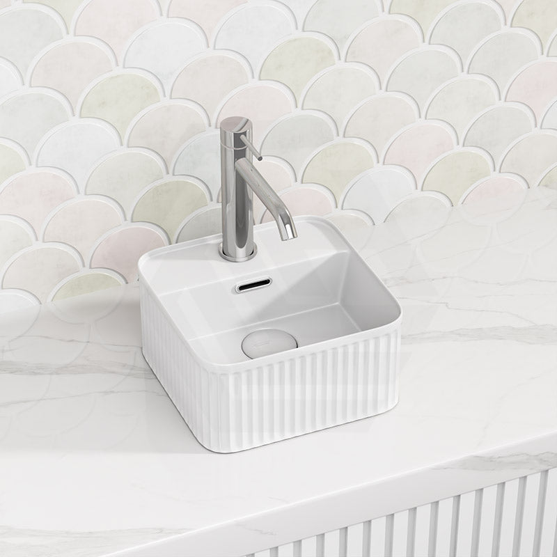 275x275x120mm Square Fluted Gloss White Above Counter Basin with Tap Hole