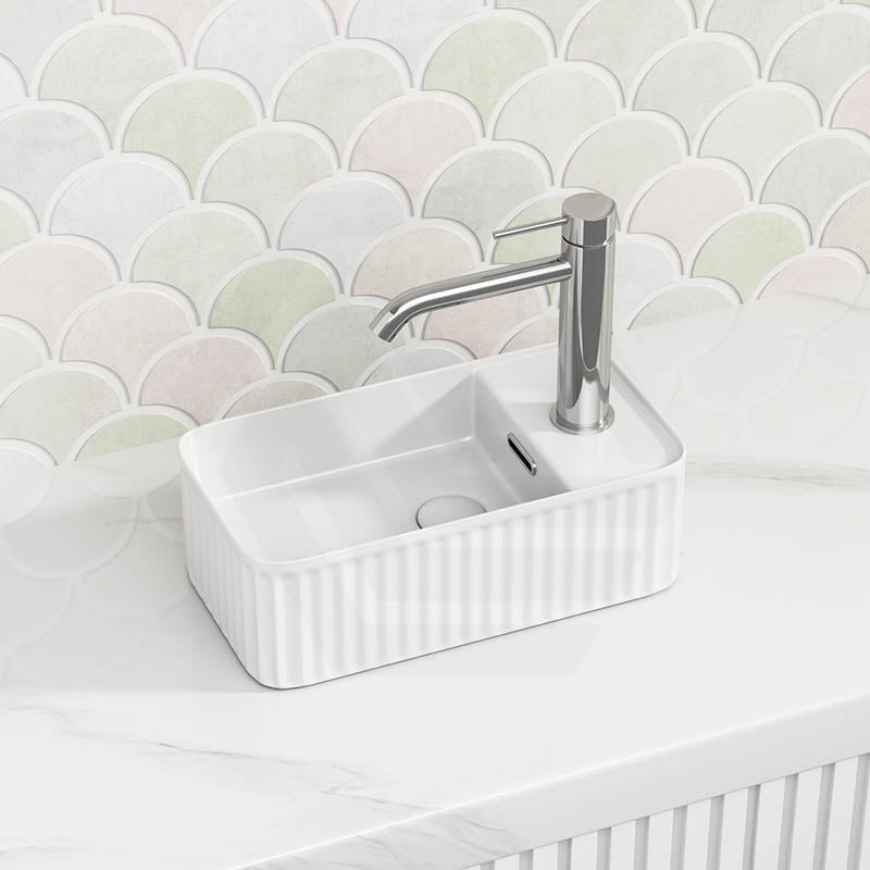 360x195x120mm Fluted Rectangle Gloss White Above Counter Basin Ceramic with Tap Hole