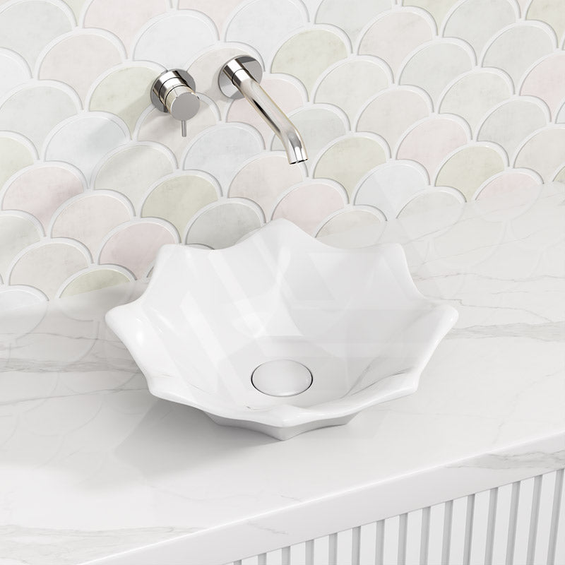 410x410x120mm Flower Shape Gloss White Above Counter Basin Ceramic