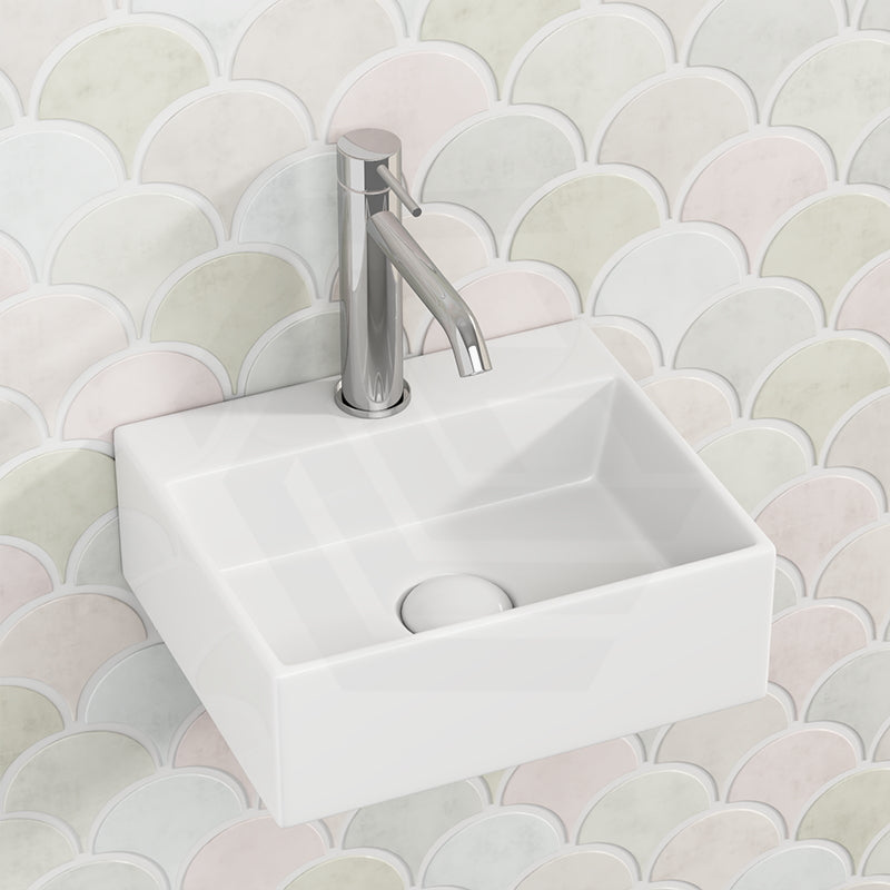 335x290x120mm Rectangle Gloss White Ceramic Above Counter/Wall Hung Basin with Tap Hole