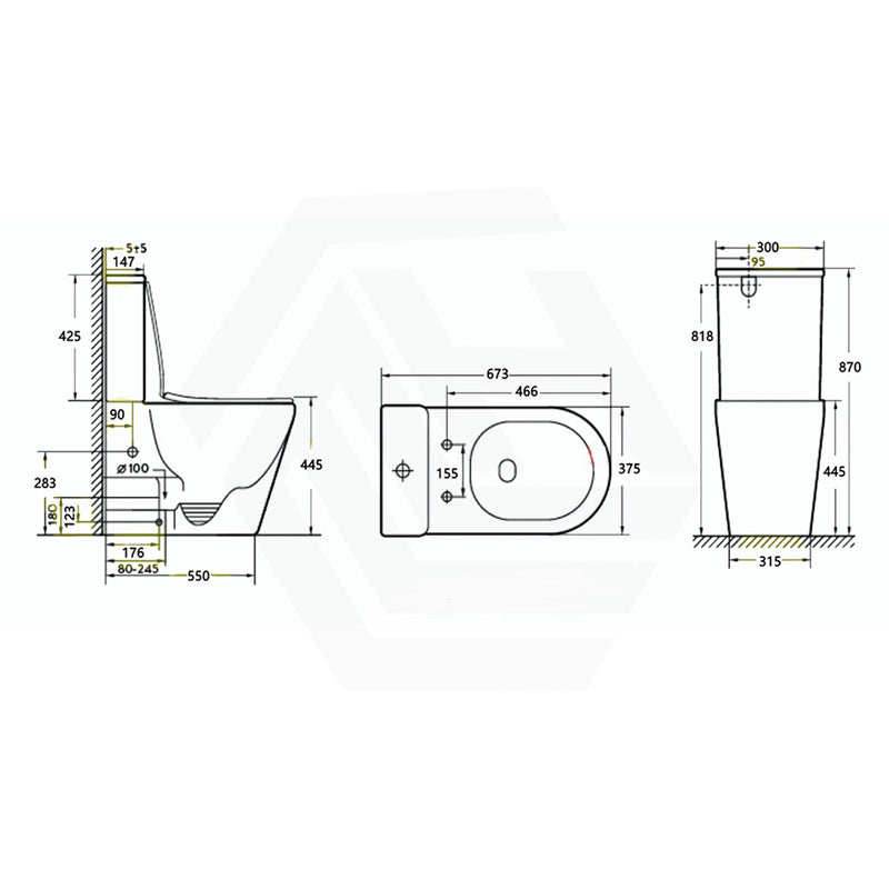 673x375x870mm Tornado Rimless Back To Wall Ceramic Toilet Suite Gloss White