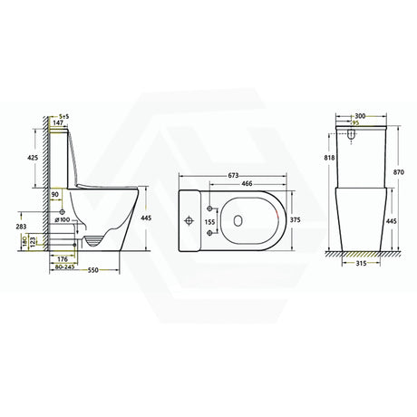 673x375x870mm Tornado Rimless Back To Wall Ceramic Toilet Suite Gloss White