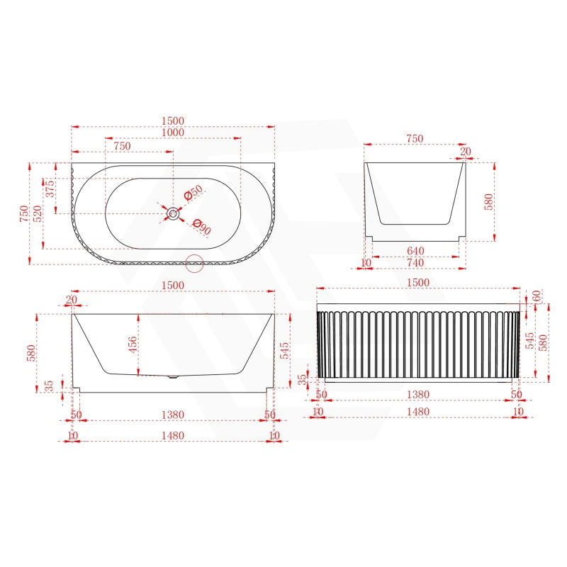 Infinity ARTEMIS Back to Wall Oval Fluted Acrylic Bathtub NO Overflow 1500mm - Matte White