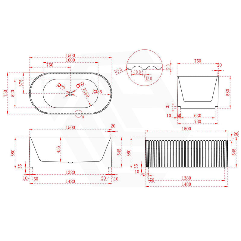 Infinity ARTEMIS Oval Fluted Bathtub Freestanding Acrylic NO Overflow 1500mm - Matte White