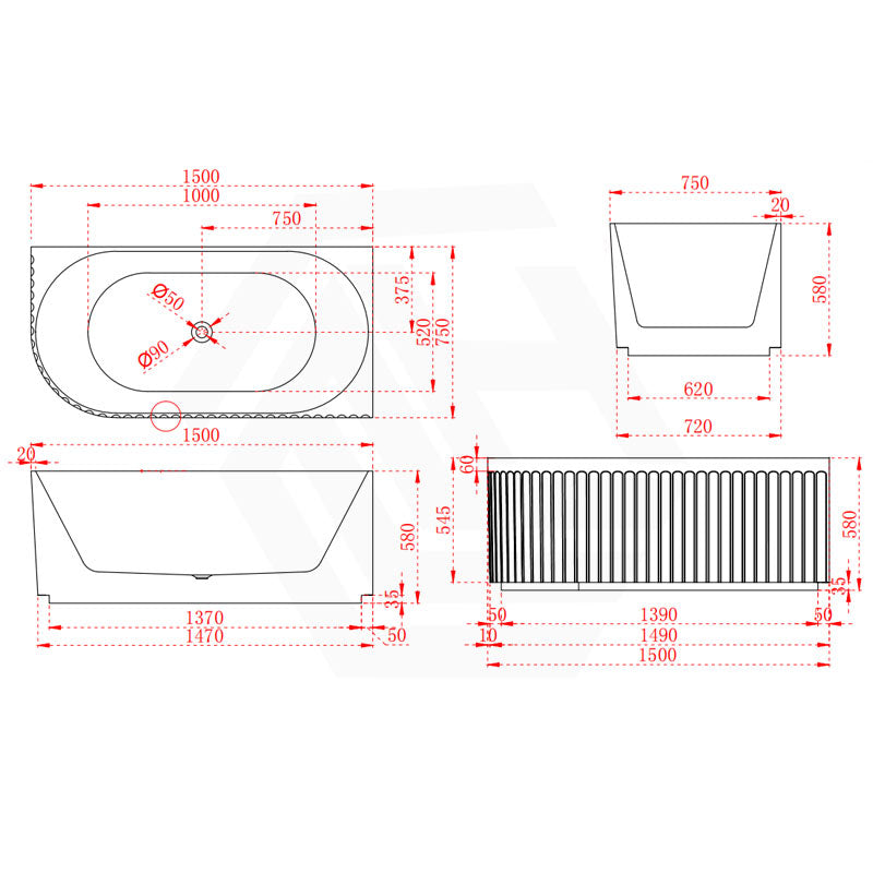 Infinity ARTEMIS Left/Right Acrylic Corner Bathtub NO Overflow 1500/1700mm - Matte White