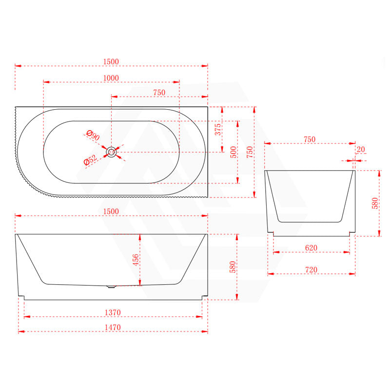 Infinity BELUS Left/Right Acrylic Corner Bathtub NO Overflow 1500/1700mm - Gloss White