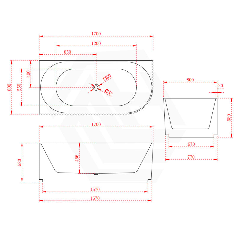 Infinity BELUS Left/Right Acrylic Corner Bathtub NO Overflow 1500/1700mm - Gloss White