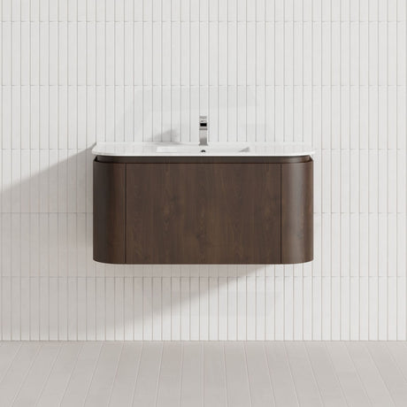 Infinity Felix 900mm Walnut Plywood Curved Edge Wall Hung Vanity With Drawers
