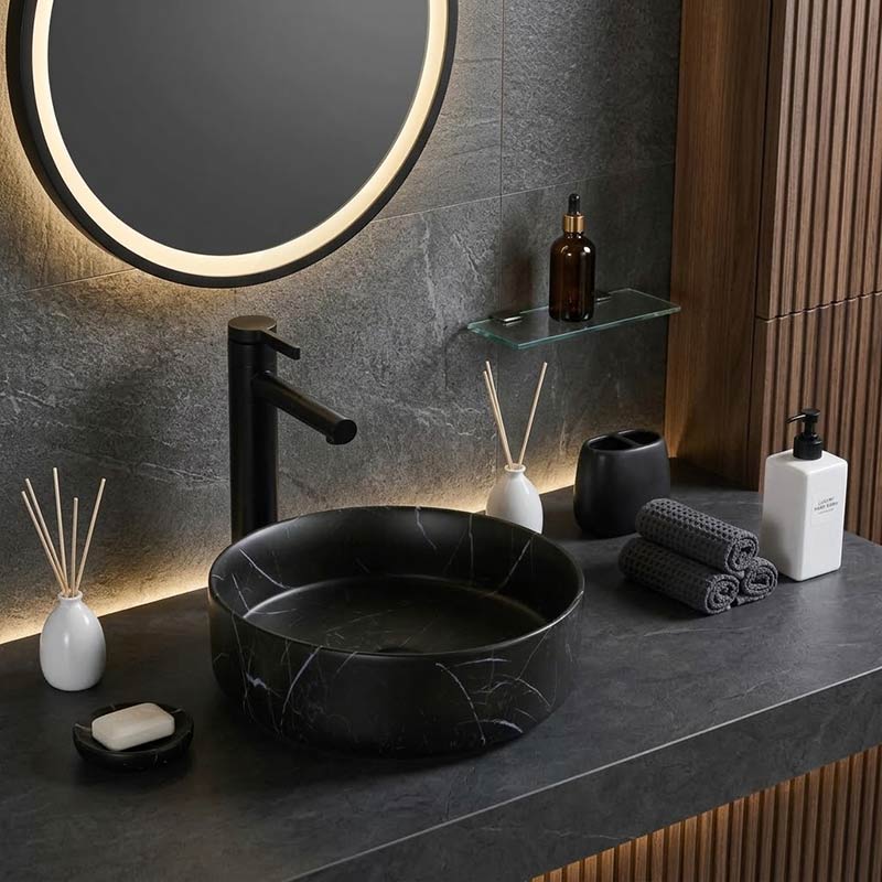 Ceramic Basin Above Counter Round Carrara Marble 360x360x120mm - In Various Colour