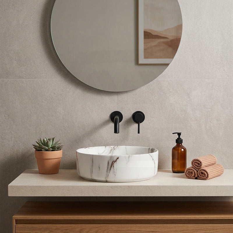 Ceramic Basin Above Counter Round Carrara Marble 360x360x120mm - In Various Colour