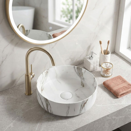 Ceramic Basin Above Counter Round Carrara Marble 360x360x120mm - In Various Colour