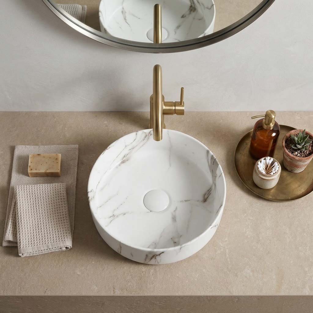 Ceramic Basin Above Counter Round Carrara Marble 360x360x120mm - In Various Colour