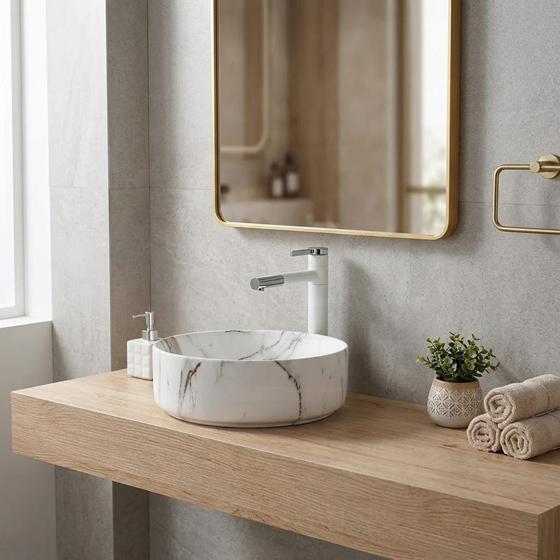 Ceramic Basin Above Counter Round Carrara Marble 360x360x120mm - In Various Colour
