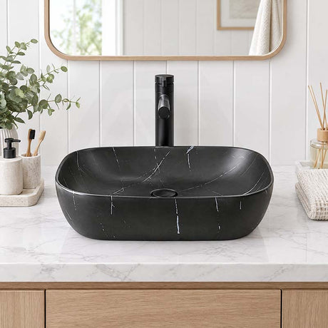 Ceramic Basin Above Counter Rectangle 460x330x135mm - Carrara Marble Matt Black