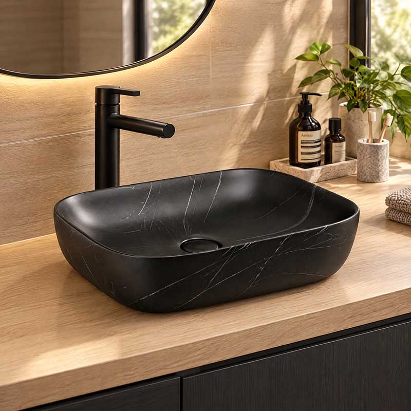 Ceramic Basin Above Counter Rectangle 460x330x135mm - Carrara Marble Matt Black