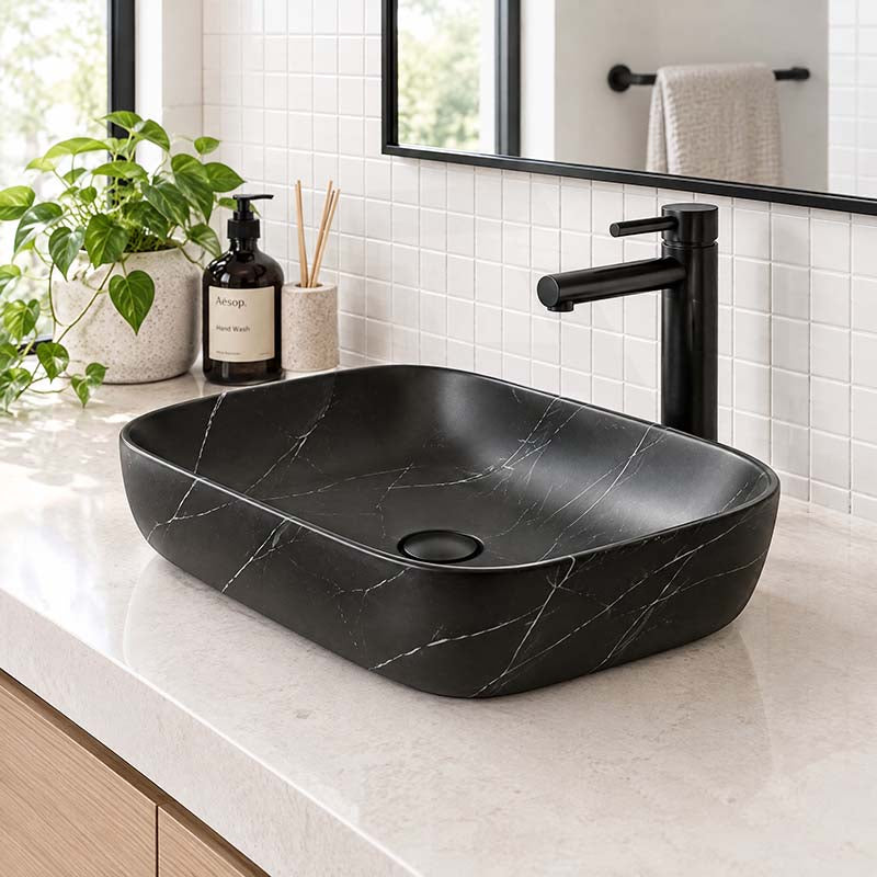 Ceramic Basin Above Counter Rectangle 460x330x135mm - Carrara Marble Matt Black
