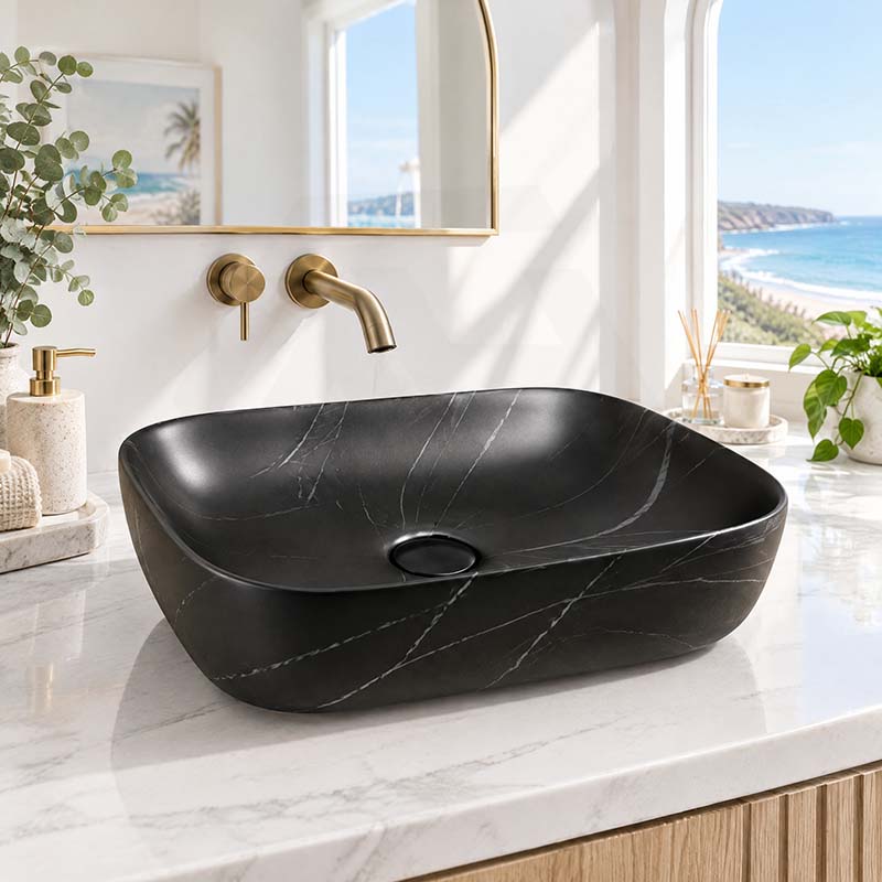 Ceramic Basin Above Counter Rectangle 460x330x135mm - Carrara Marble Matt Black