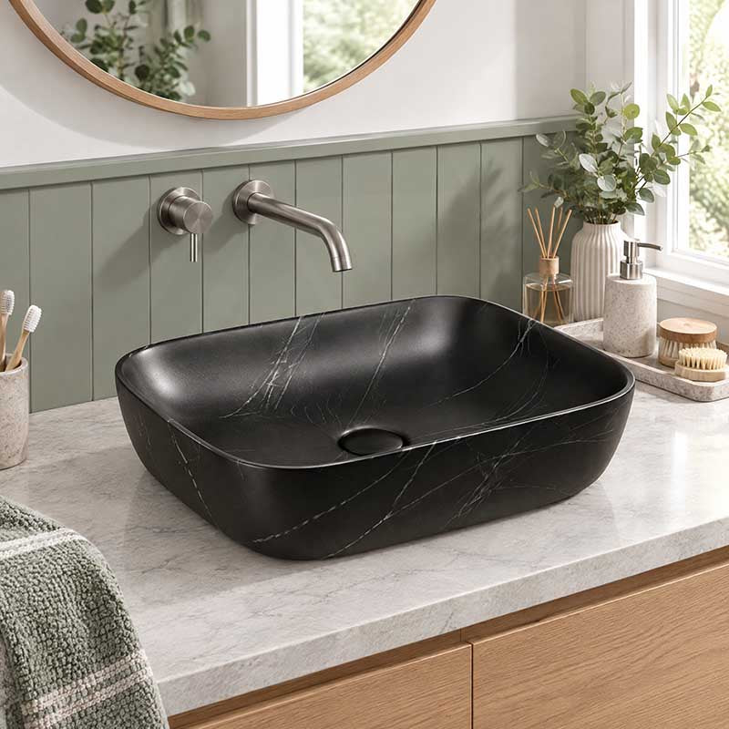 Ceramic Basin Above Counter Rectangle 460x330x135mm - Carrara Marble Matt Black