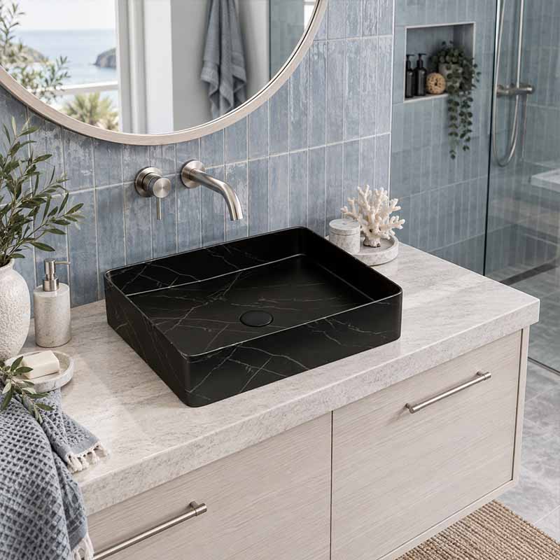 Inifinity Rectangle Ceramic Above Counter Basin NO Overflow 470x360x110mm - Carrara Marble Matt Black