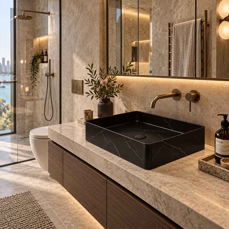 Inifinity Rectangle Ceramic Above Counter Basin NO Overflow 470x360x110mm - Carrara Marble Matt Black