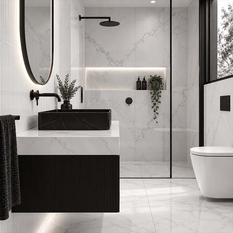Inifinity Rectangle Ceramic Above Counter Basin NO Overflow 470x360x110mm - Carrara Marble Matt Black