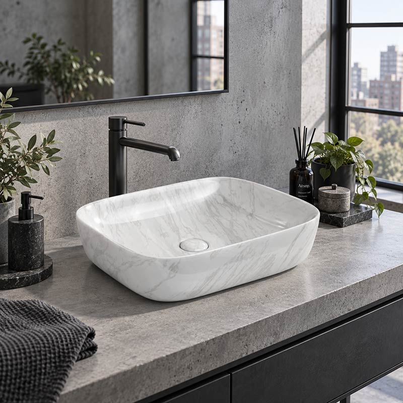 Infinity Above Counter Ceramic Basin Rectangle Curved Rim 505x400x140mm - Gloss Marble Carrara