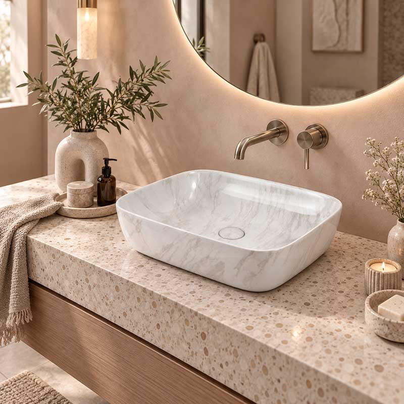 Infinity Above Counter Ceramic Basin Rectangle Curved Rim 505x400x140mm - Gloss Marble Carrara