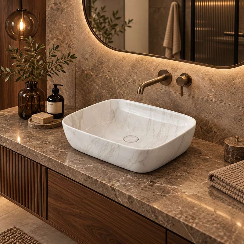 Infinity Above Counter Ceramic Basin Rectangle Curved Rim 505x400x140mm - Gloss Marble Carrara