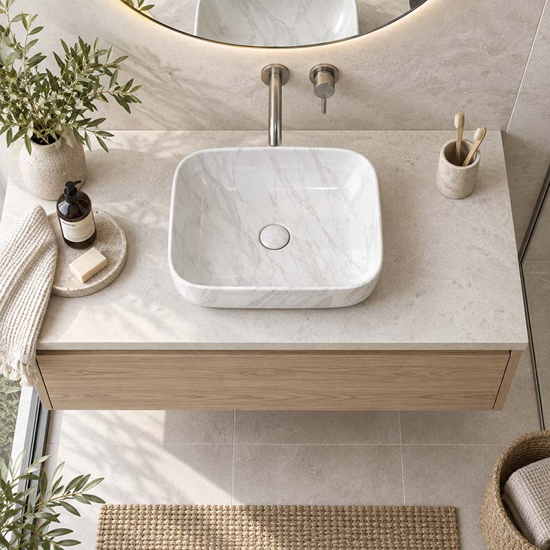 Infinity Above Counter Ceramic Basin Rectangle Curved Rim 505x400x140mm - Gloss Marble Carrara