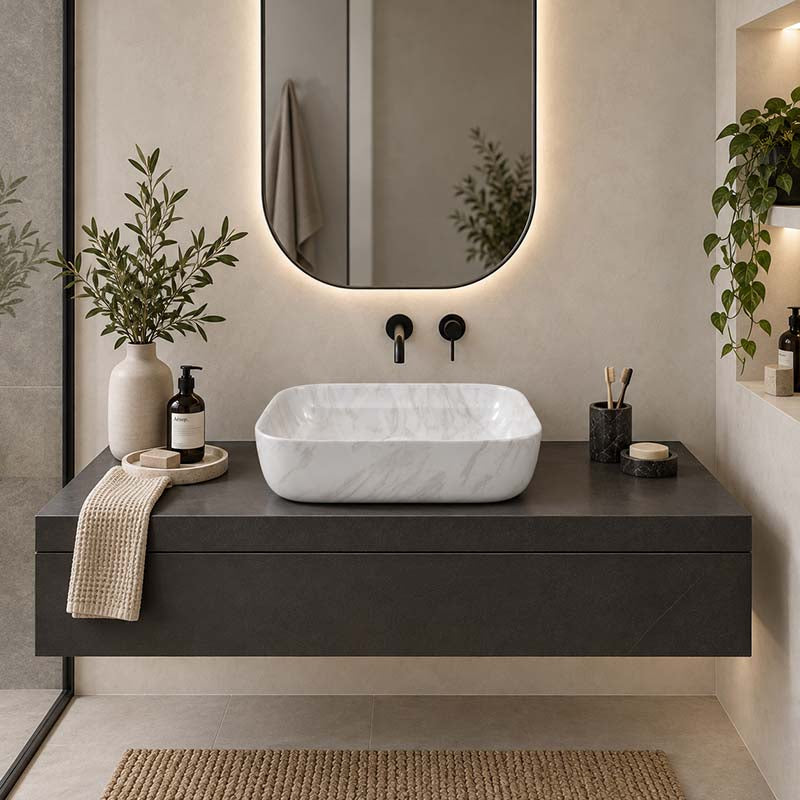 Infinity Above Counter Ceramic Basin Rectangle Curved Rim 505x400x140mm - Gloss Marble Carrara