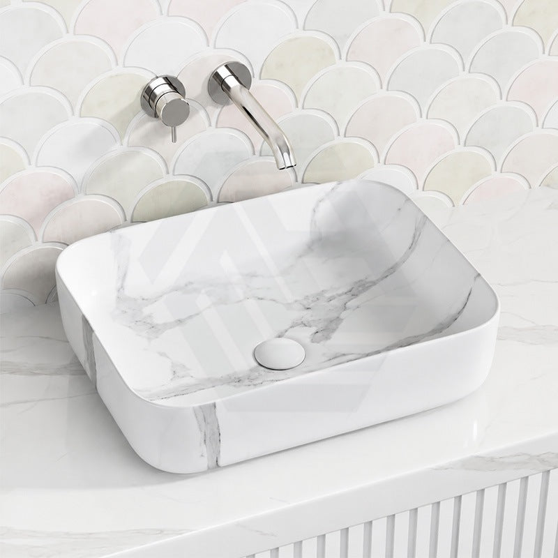Infinity Rectangle Ceramic Above Counter Basin with Carrara Pattern 500x400x135mm - Matte White
