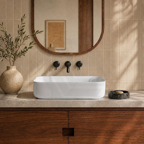 Infinity Rectangle Ceramic Above Counter Basin with Carrara Pattern 500x400x135mm - Matte White