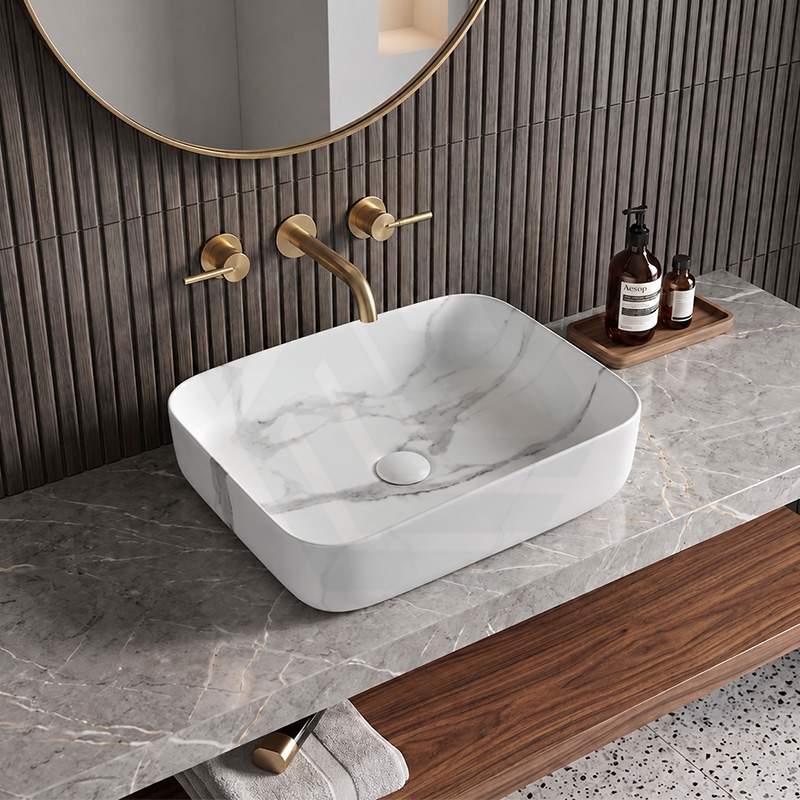 Infinity Rectangle Ceramic Above Counter Basin with Carrara Pattern 500x400x135mm - Matte White