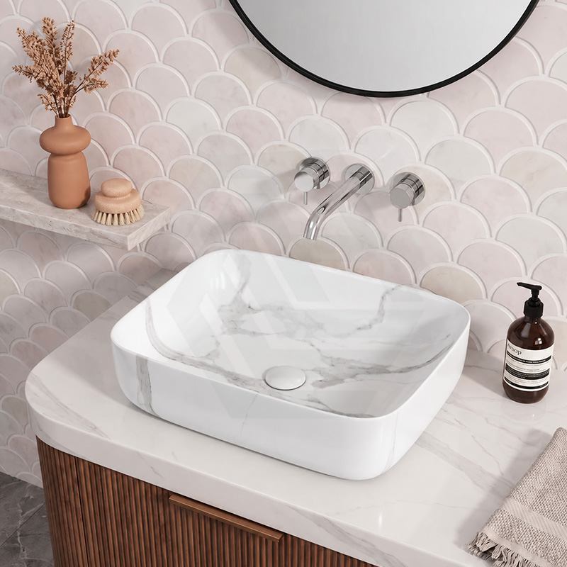 Infinity Rectangle Ceramic Above Counter Basin with Carrara Pattern 500x400x135mm - Matte White