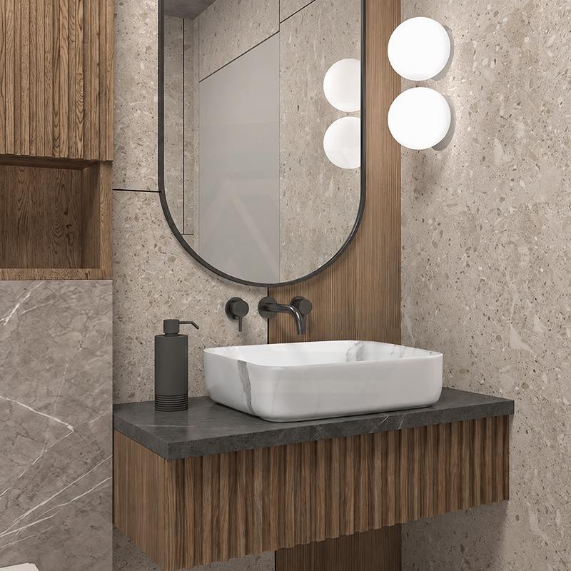 Infinity Rectangle Ceramic Above Counter Basin with Carrara Pattern 500x400x135mm - Matte White