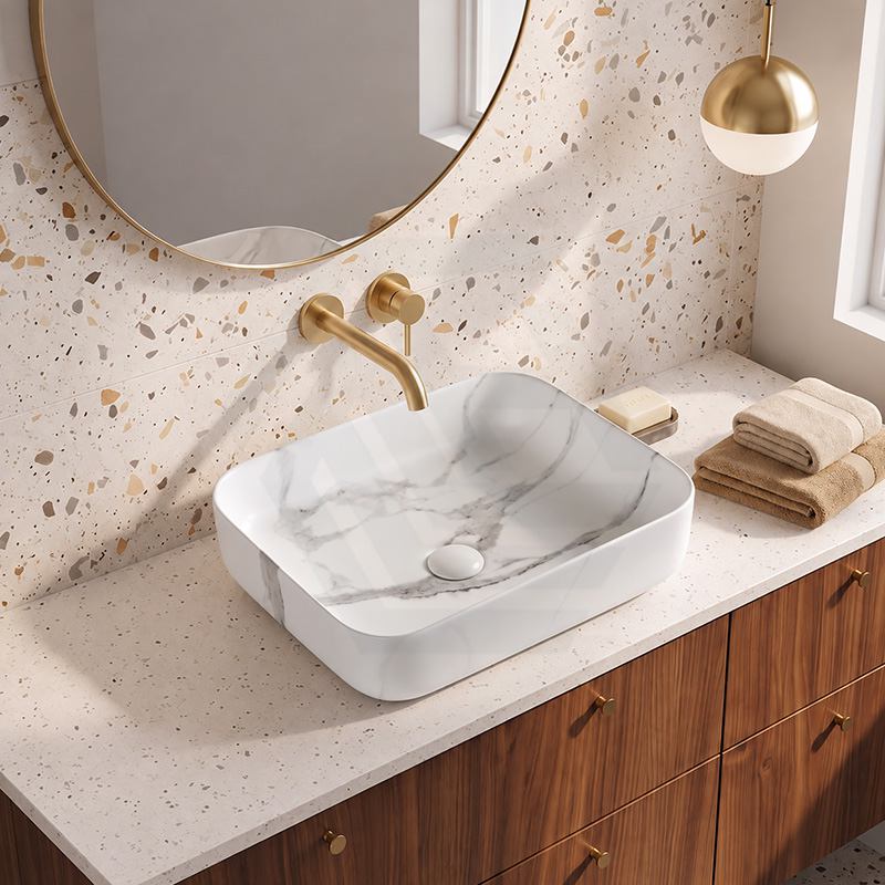 Infinity Rectangle Ceramic Above Counter Basin with Carrara Pattern 500x400x135mm - Matte White