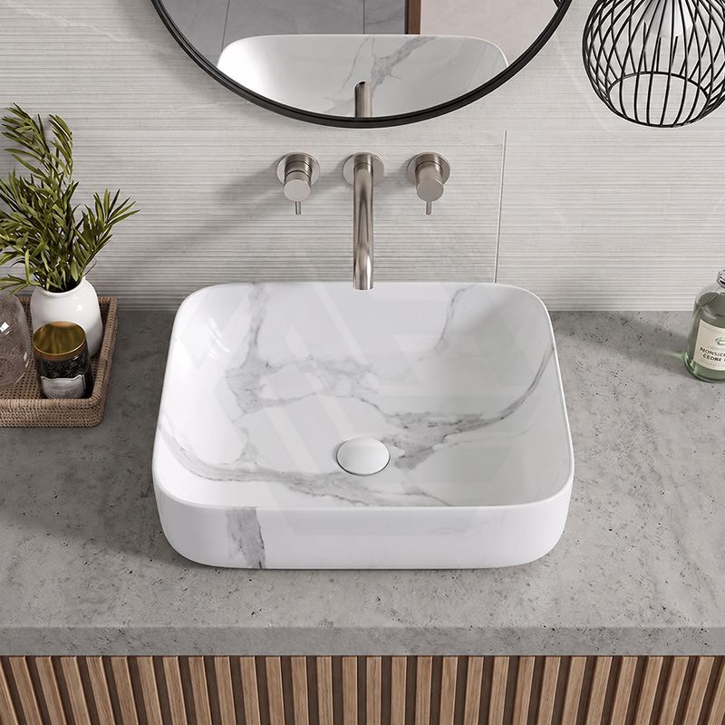 Infinity Rectangle Ceramic Above Counter Basin with Carrara Pattern 500x400x135mm - Matte White
