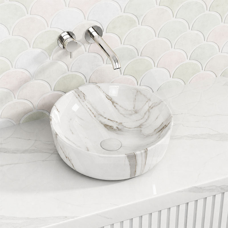 415x415x130mm Round Gloss Marble Carrara Surface Bathroom Above Counter Wash Basin