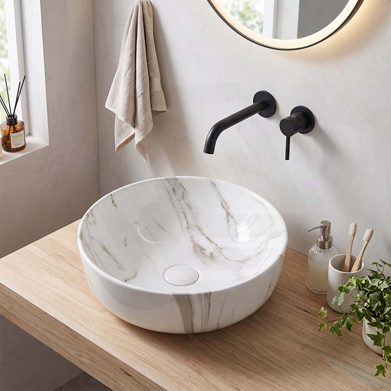 415x415x130mm Round Gloss Marble Carrara Surface Bathroom Above Counter Wash Basin