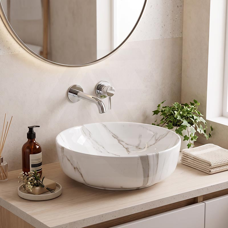 415x415x130mm Round Gloss Marble Carrara Surface Bathroom Above Counter Wash Basin