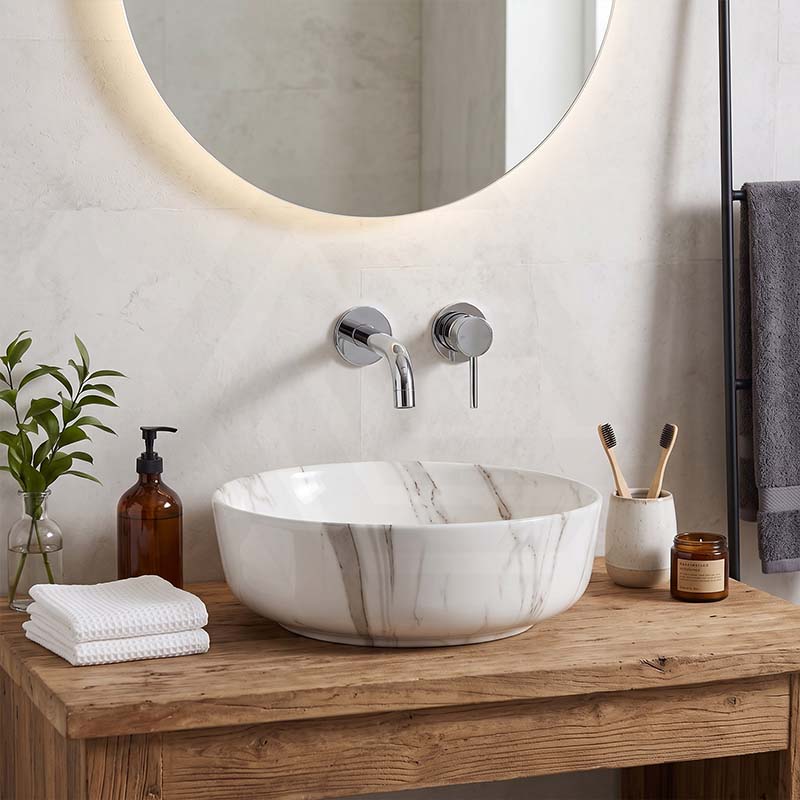 415x415x130mm Round Gloss Marble Carrara Surface Bathroom Above Counter Wash Basin