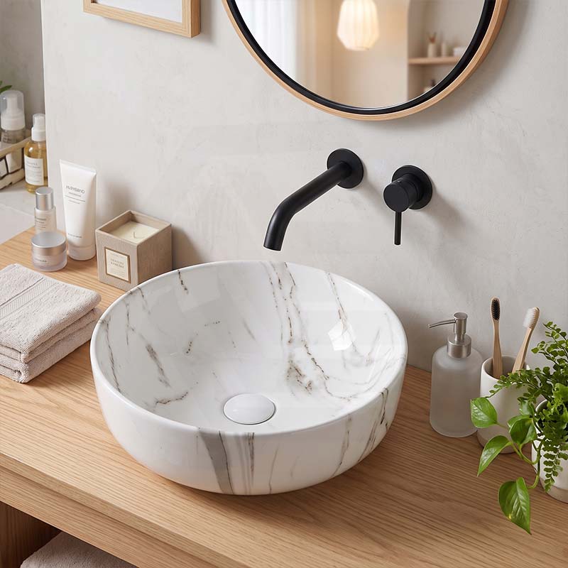 415x415x130mm Round Gloss Marble Carrara Surface Bathroom Above Counter Wash Basin