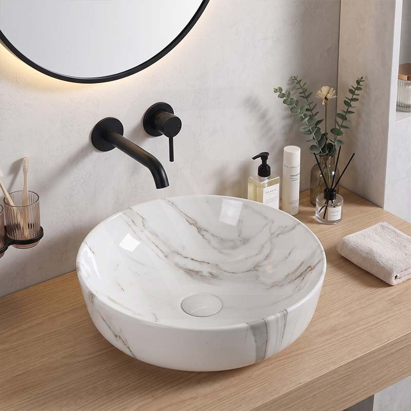 415x415x130mm Round Gloss Marble Carrara Surface Bathroom Above Counter Wash Basin
