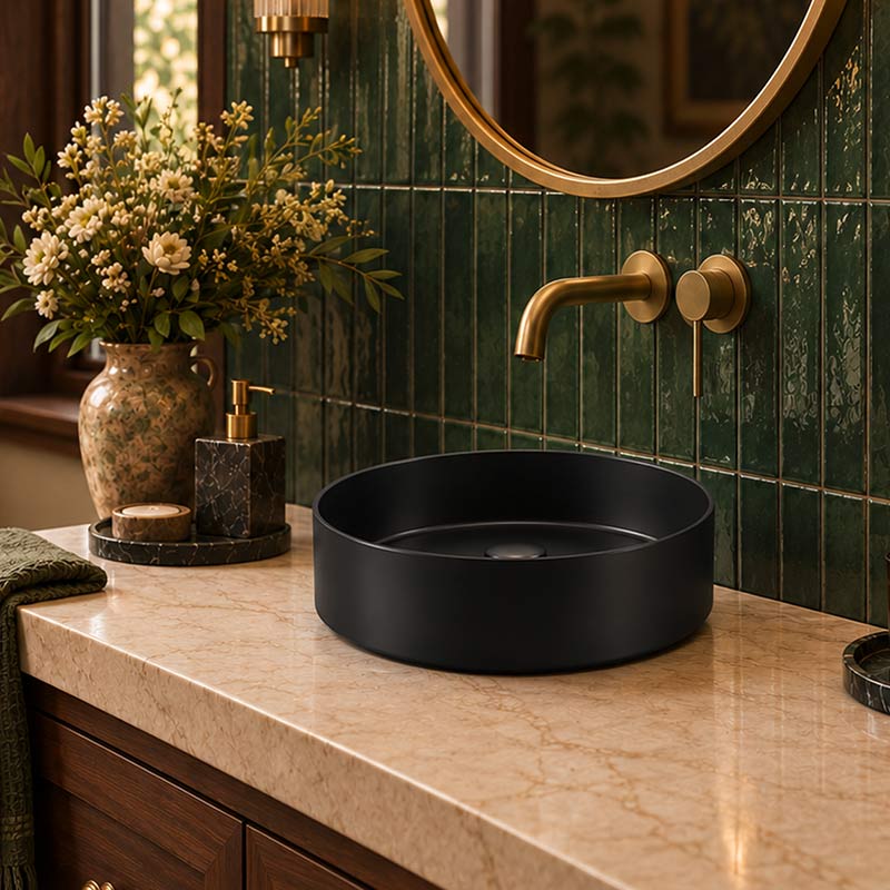 Infinity Above Counter Ceramic Basin Round for Bathroom 360x360x120mm - Matte Black