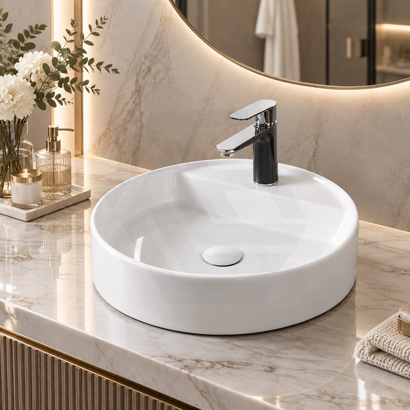 Infinity Round Ceramic Above Counter Basin with Tap Hole 450x450x105mm - Gloss White