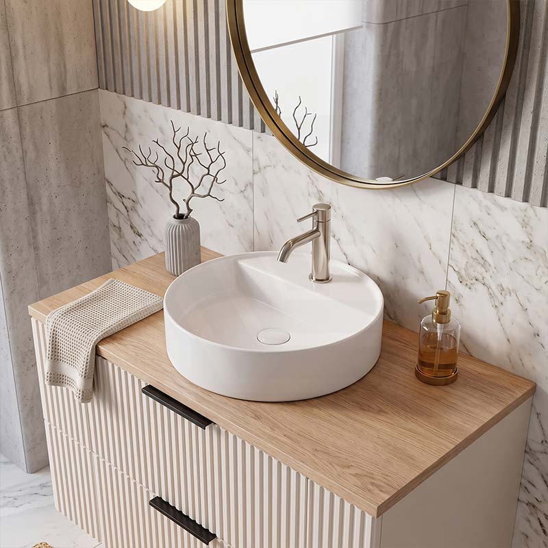 Infinity Round Ceramic Above Counter Basin with Tap Hole 450x450x105mm - Gloss White