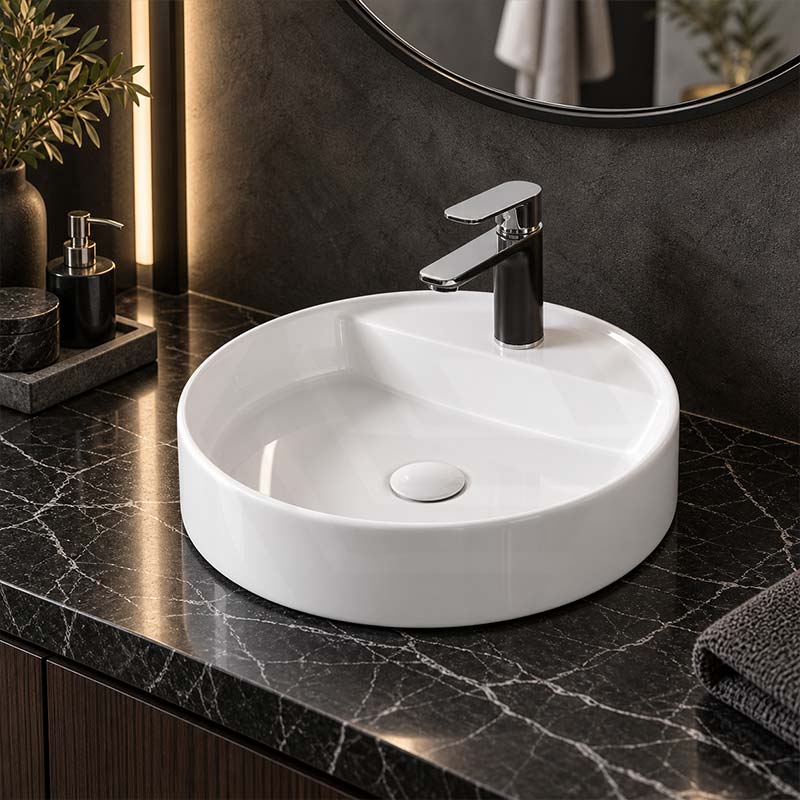 Infinity Round Ceramic Above Counter Basin with Tap Hole 450x450x105mm - Gloss White